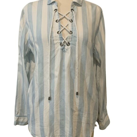 Rails Blue White Block Stripe Lace Tie Blouse S - Picture 7 of 14